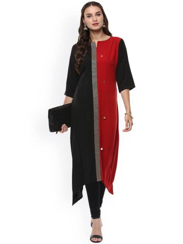 Black And Red Poly Crepe Asymmetric Kurta - Image 2