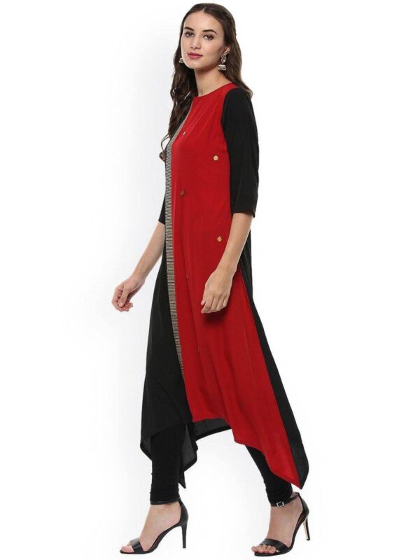 Black And Red Poly Crepe Asymmetric Kurta - Image 3