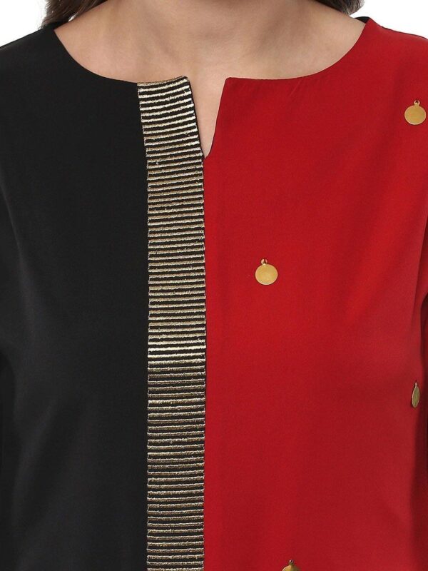 Black And Red Poly Crepe Asymmetric Kurta - Image 4