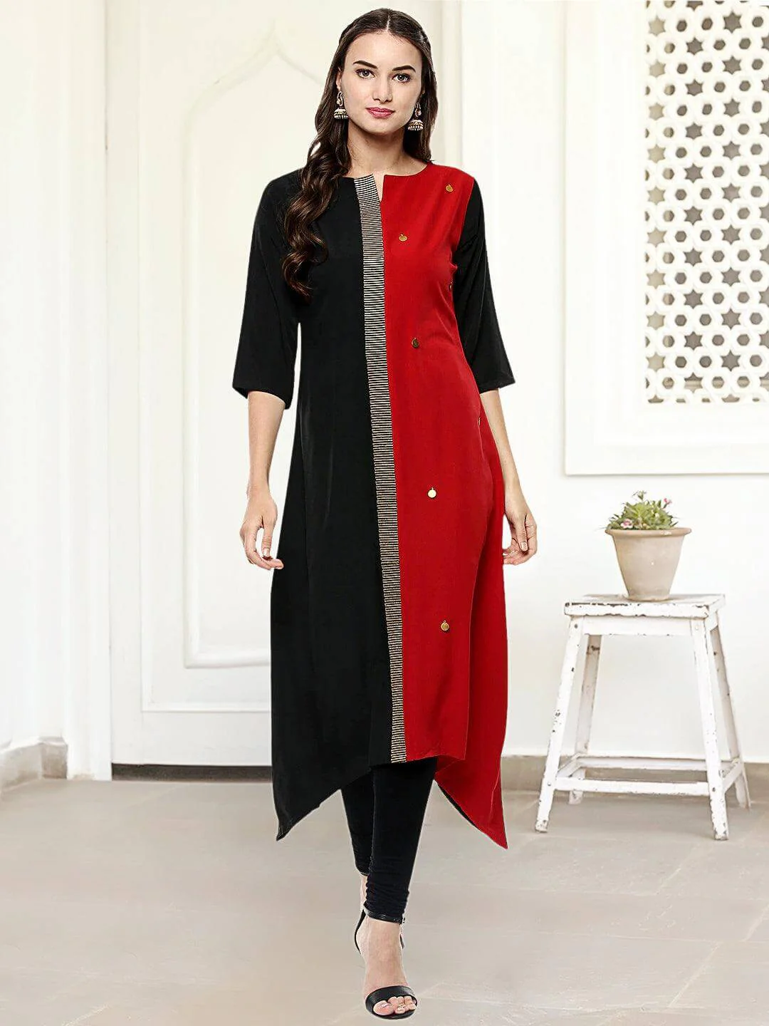 JNE2014_84f49952-622b-41a9-a431-6d09da93e387 Black And Red Poly Crepe Asymmetric Kurta - Image 1