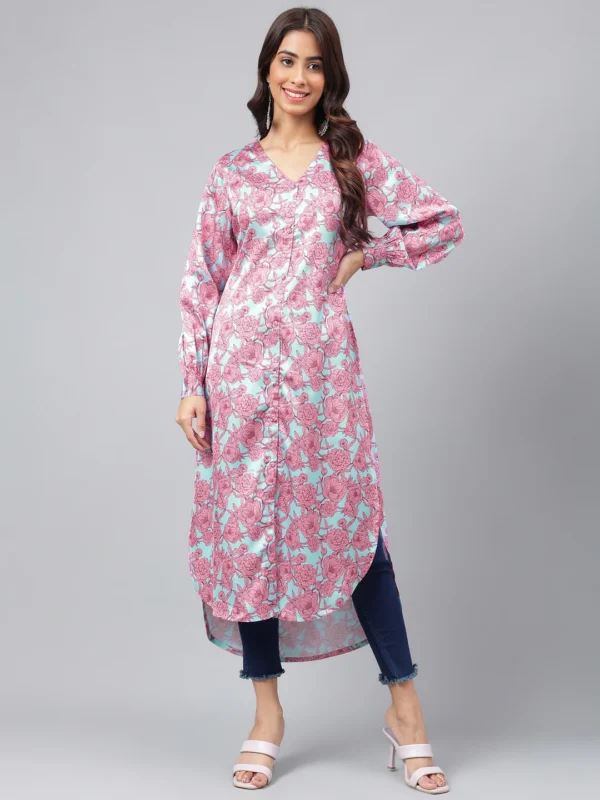 Sea Green Satin Digital Floral Printed Gathered Kurta - Image 2