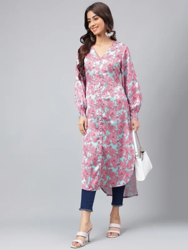 Sea Green Satin Digital Floral Printed Gathered Kurta - Image 3