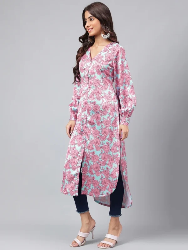 Sea Green Satin Digital Floral Printed Gathered Kurta - Image 4