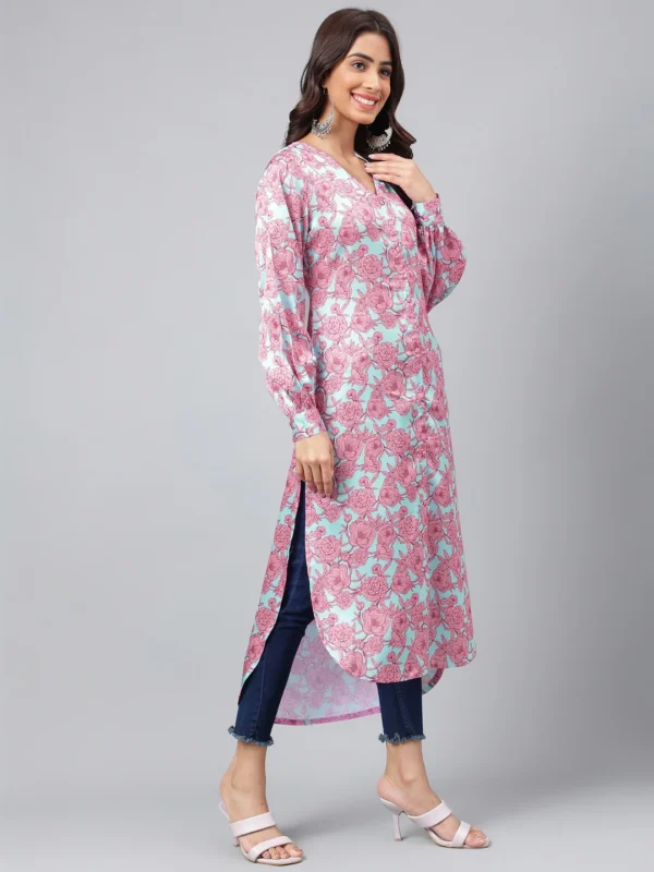 Sea Green Satin Digital Floral Printed Gathered Kurta - Image 5