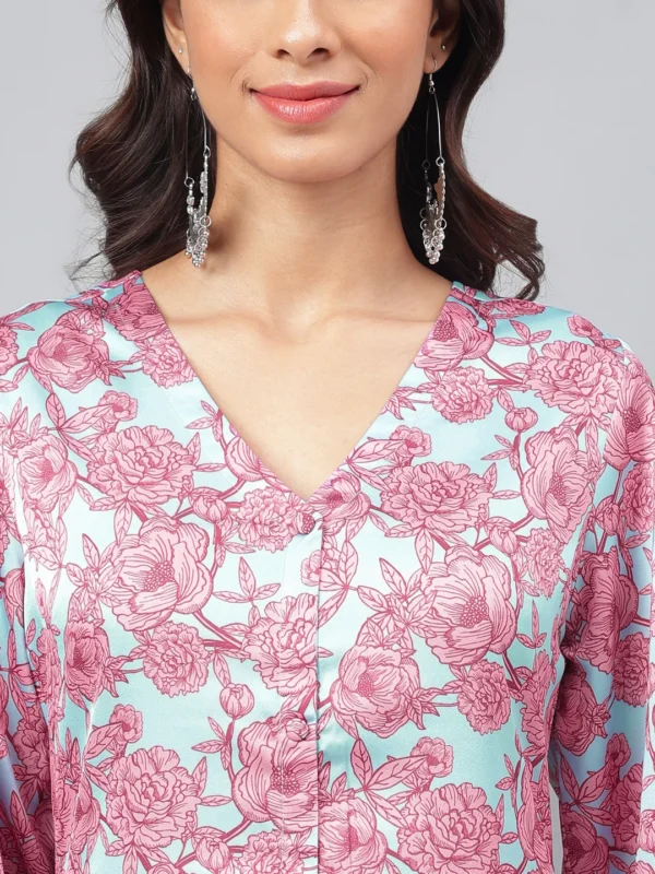 Sea Green Satin Digital Floral Printed Gathered Kurta - Image 6