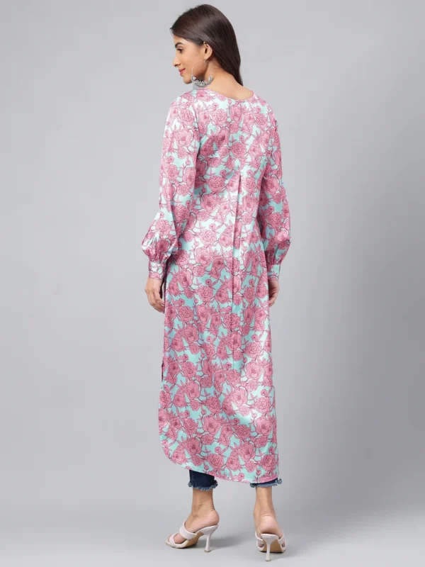 Sea Green Satin Digital Floral Printed Gathered Kurta - Image 7