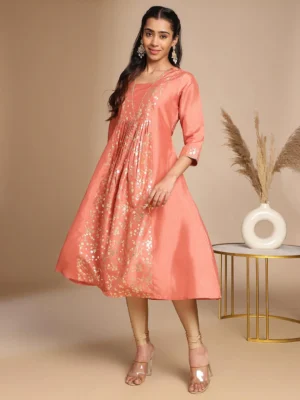 Peach Crepe Silk Floral Panelled Kurta