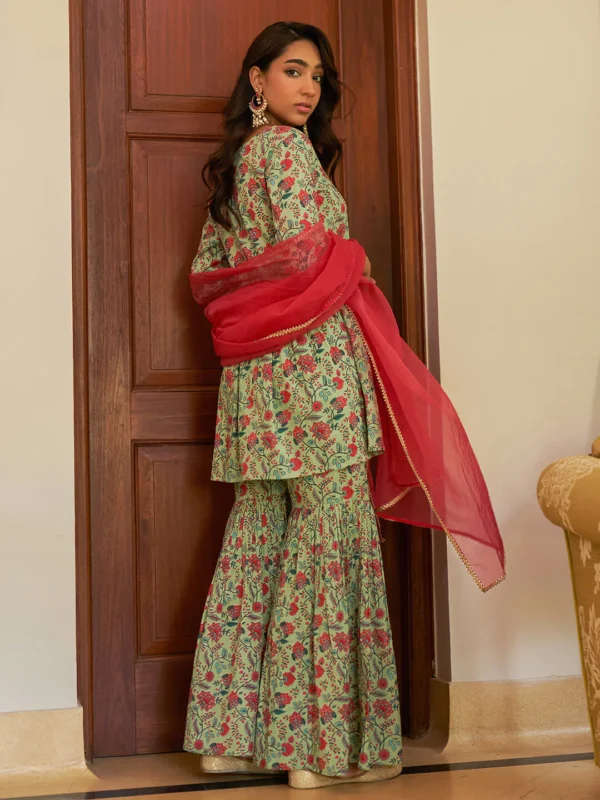 Light Green Cotton Floral Printed Short Kurta With Sharara And Dupatta - Image 3