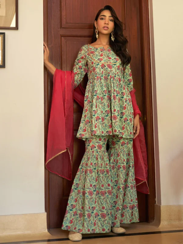 Light Green Cotton Floral Printed Short Kurta With Sharara And Dupatta - Image 2