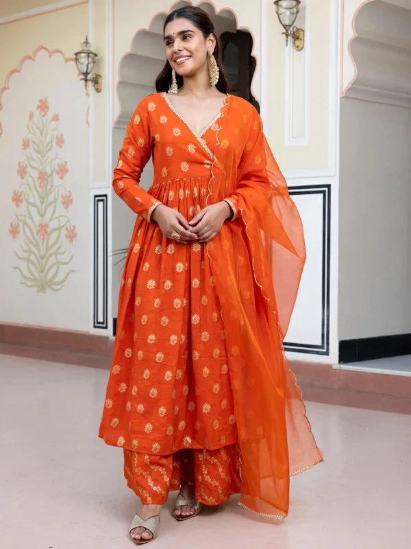 Orange Brocade Woven Design Kurta With Palazzo And Dupatta - Image 2