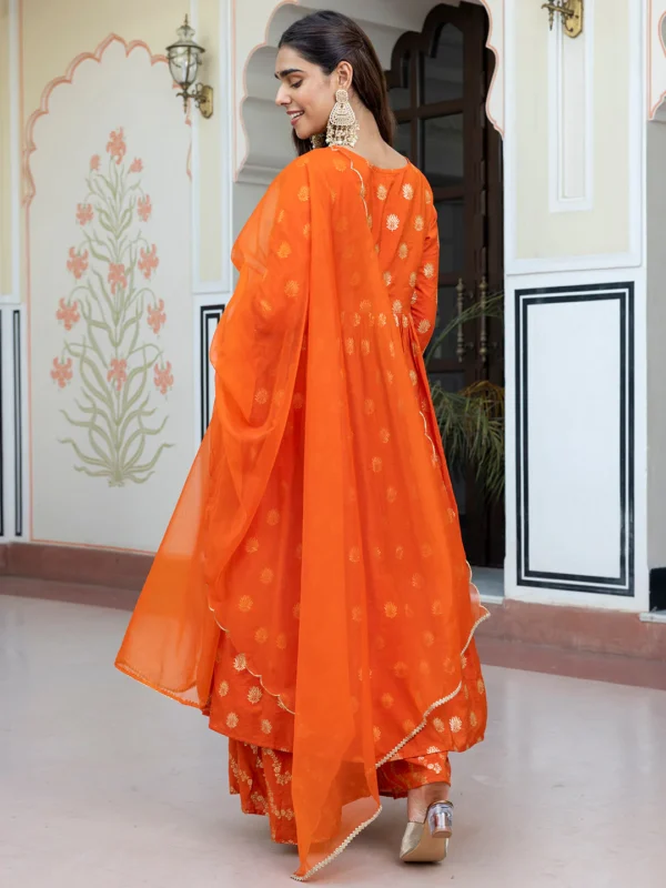 Orange Brocade Woven Design Kurta With Palazzo And Dupatta - Image 4