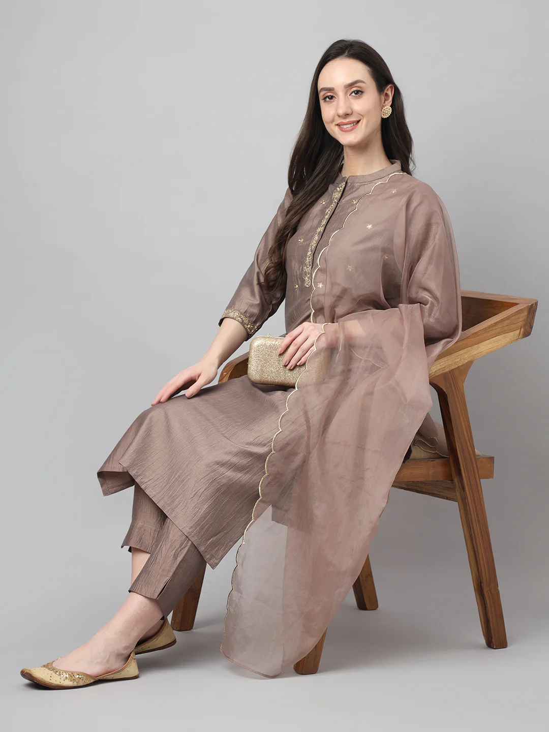 SET565-KR-NP_1 Women's Brown Chinon Solid Kurta With Pant And Dupatta - Image 1