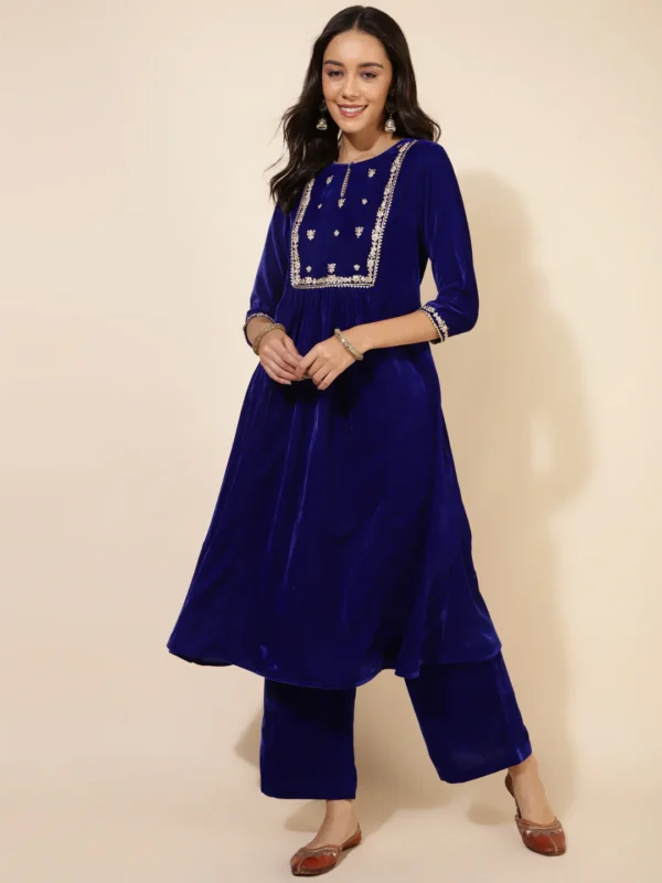 Royal Blue Velvet Embellished Kurta And Palazzo - Image 2