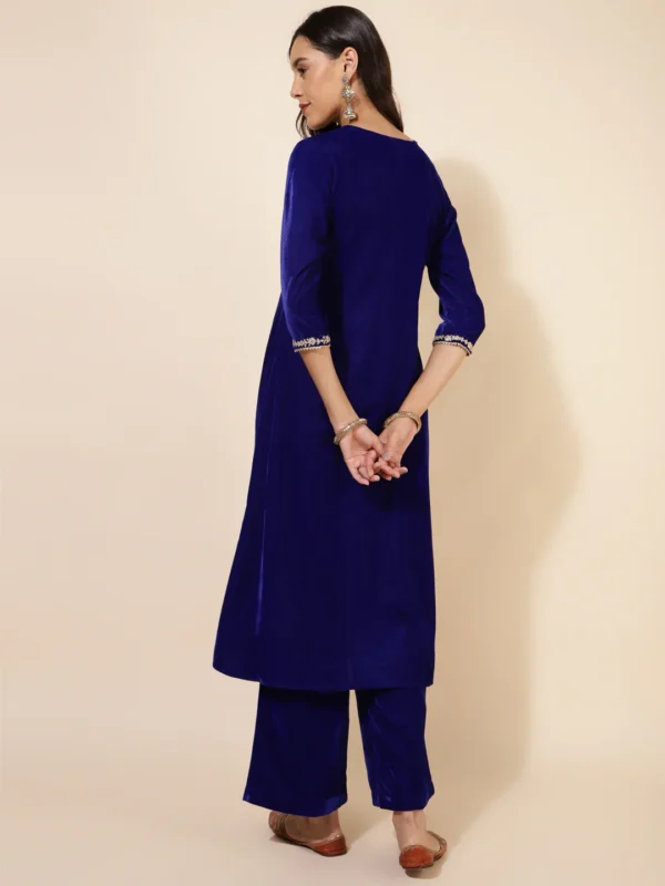 Royal Blue Velvet Embellished Kurta And Palazzo - Image 5