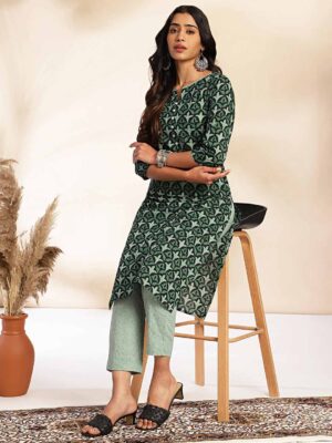 Green Cotton Printed Kurta With Pant