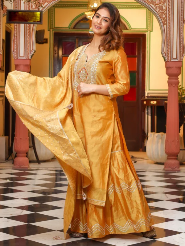 Divena Yellow Gold Embroidered Chenderi Kurta Sharara Set with Dupatta - Image 2