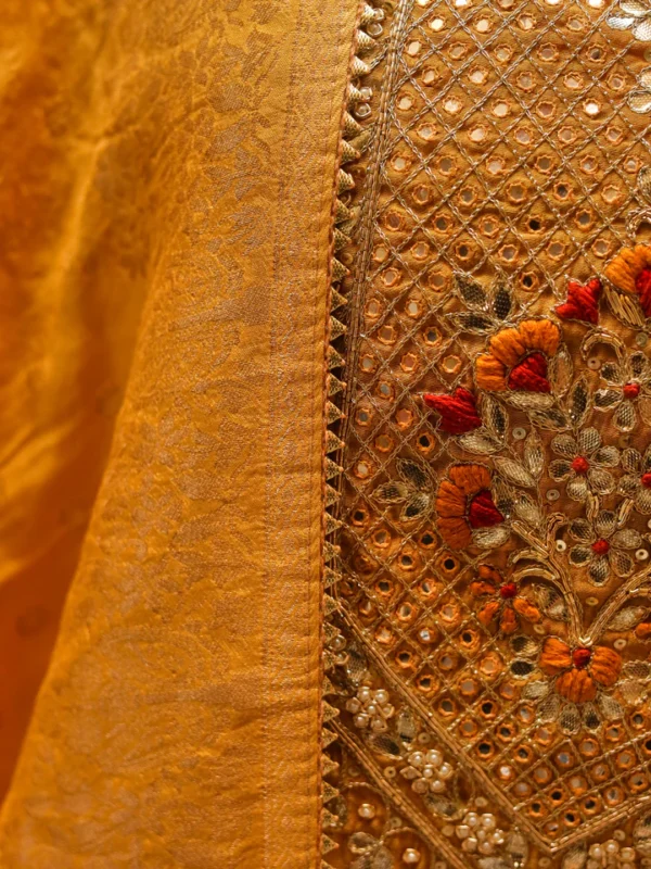 Divena Yellow Gold Embroidered Chenderi Kurta Sharara Set with Dupatta - Image 4