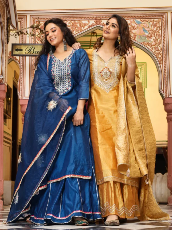 Divena Blue Solid Chenderi Kurta Skirt Set with Dupatta - Image 5