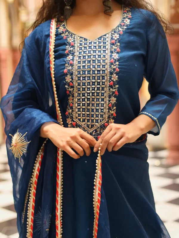 Divena Blue Solid Chenderi Kurta Skirt Set with Dupatta - Image 2