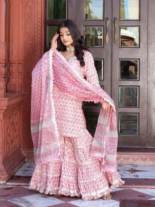 Divena Pink Floral Hand Block Printed Kurta Sharara Set with Dupatta - Image 2