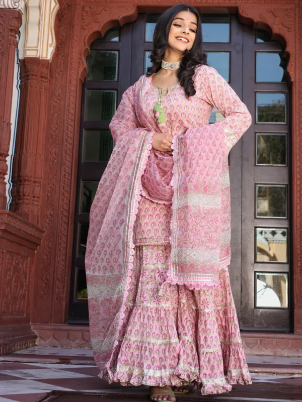 Divena Pink Floral Hand Block Printed Kurta Sharara Set with Dupatta - Image 4