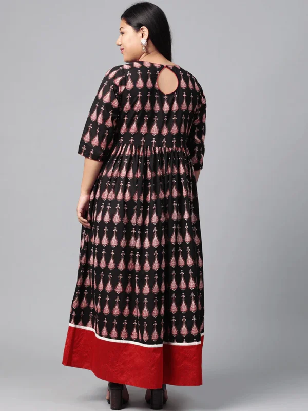 Plus Size Black Printed Cotton Floor Length Anarkali Kurta - Image 4