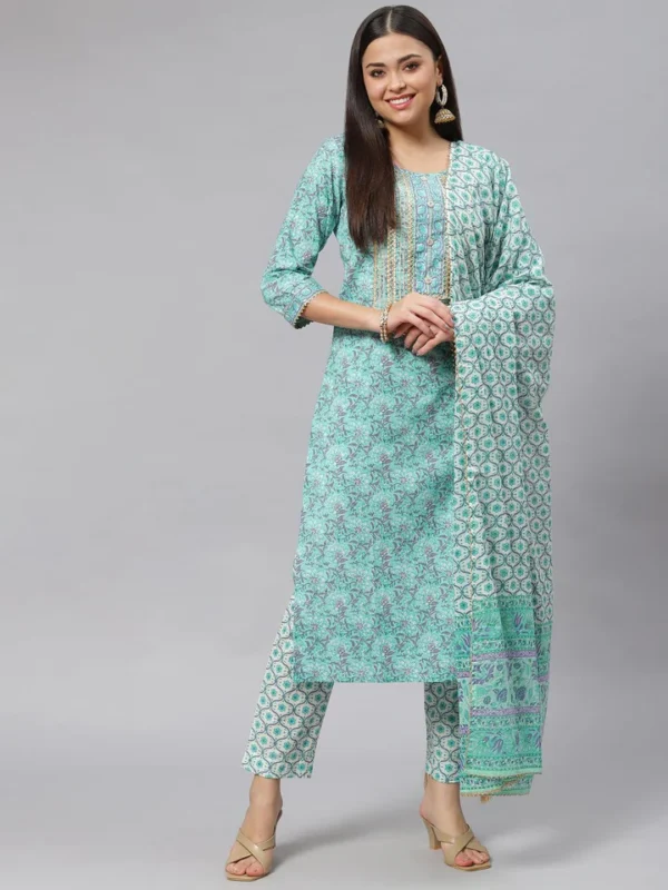 Divena Seagreen Cotton kurta Pant set with Dupatta - Image 2