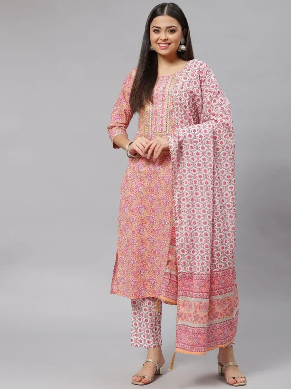 Divena Pink Cotton kurta Pant set with Dupatta - Image 2