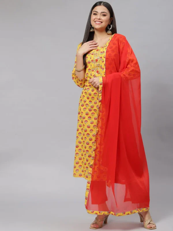 Divena Yellow Floral Cotton Kurta Pant Set with Dupatta - Image 2