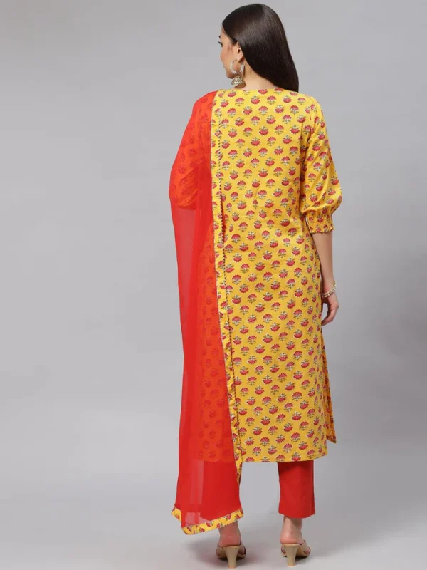 Divena Yellow Floral Cotton Kurta Pant Set with Dupatta - Image 4