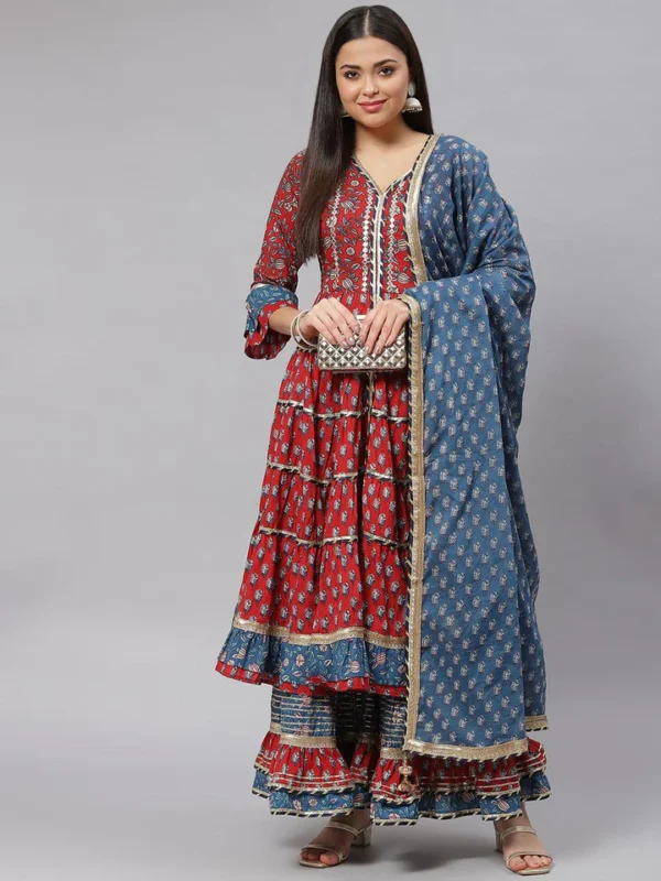 Divena Maroon & Blue Anarkali Kurta Sharara Set with Dupatta - Image 2