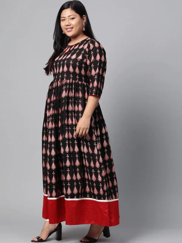 Plus Size Black Printed Cotton Floor Length Anarkali Kurta - Image 2