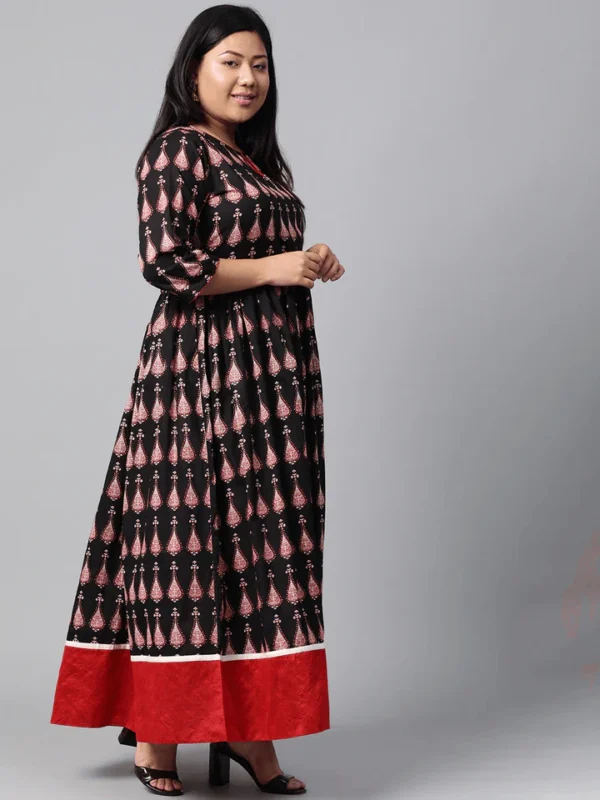 Plus Size Black Printed Cotton Floor Length Anarkali Kurta - Image 3