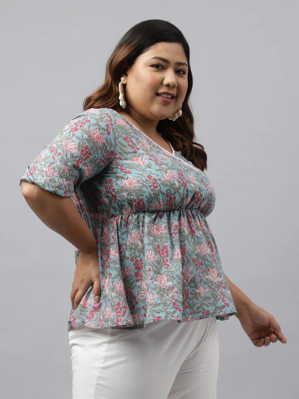 Aqua Blue Cotton Floral Printed Peplum Top - Image 4