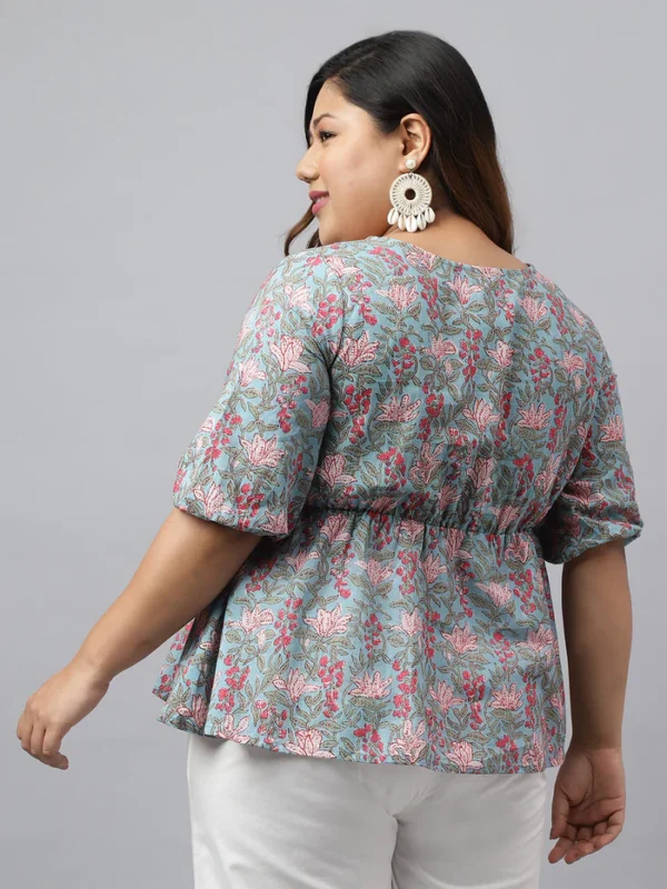 Aqua Blue Cotton Floral Printed Peplum Top - Image 5