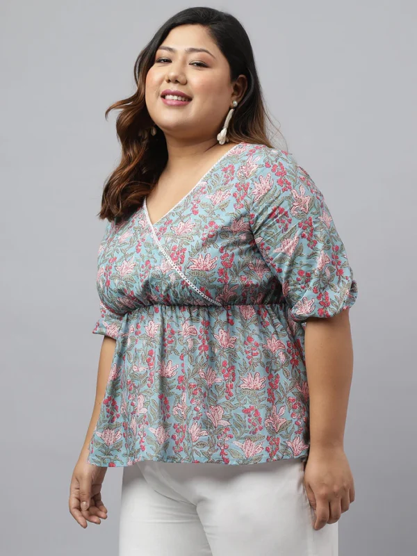 Aqua Blue Cotton Floral Printed Peplum Top - Image 6