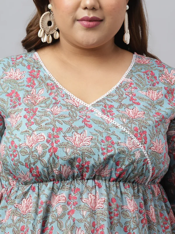 Aqua Blue Cotton Floral Printed Peplum Top - Image 7