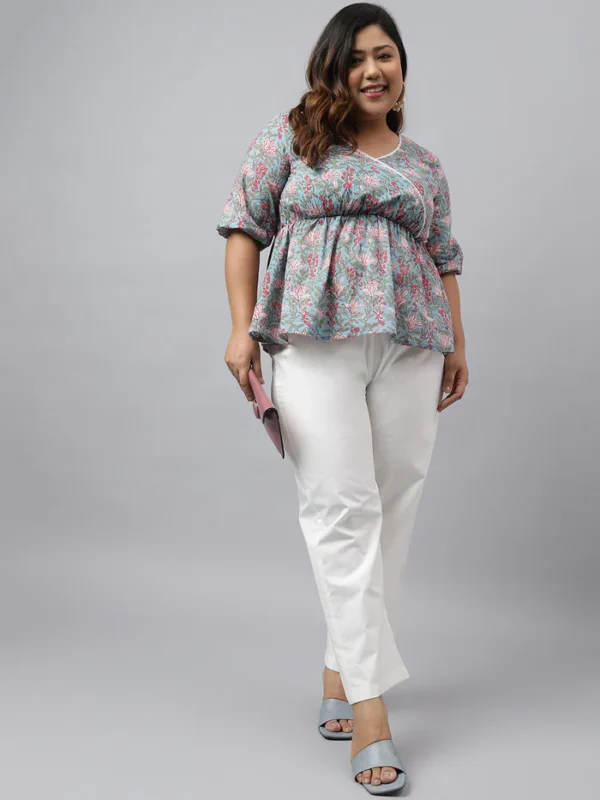 Aqua Blue Cotton Floral Printed Peplum Top - Image 2