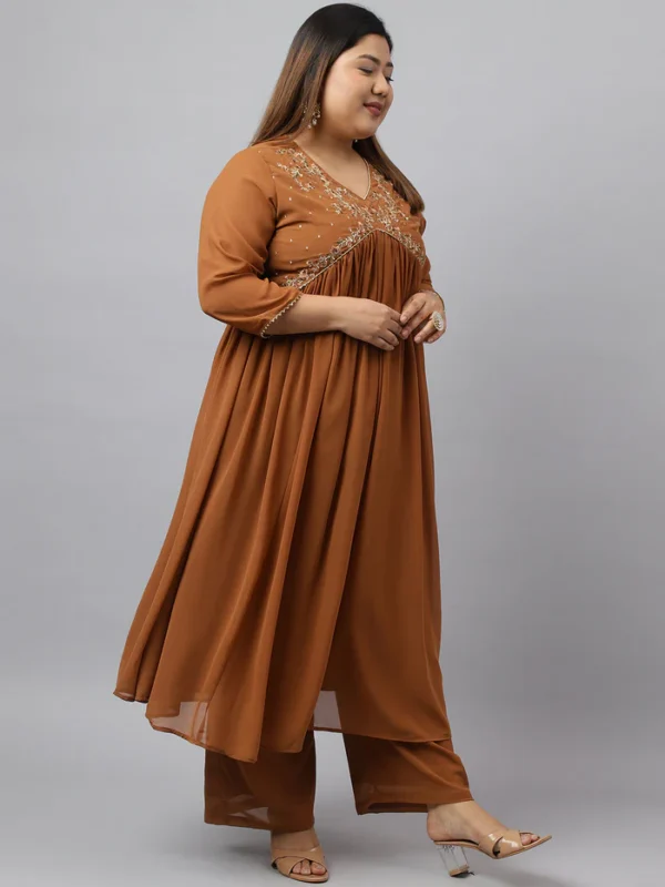 Brown Georgette Yoke Embroidery Kurta with Palazzo and Dupatta Janasya 6154