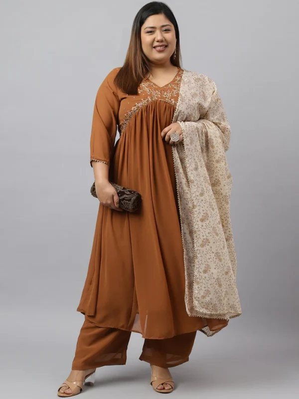 Brown Georgette Yoke Embroidery Kurta with Palazzo and Dupatta Janasya 7455