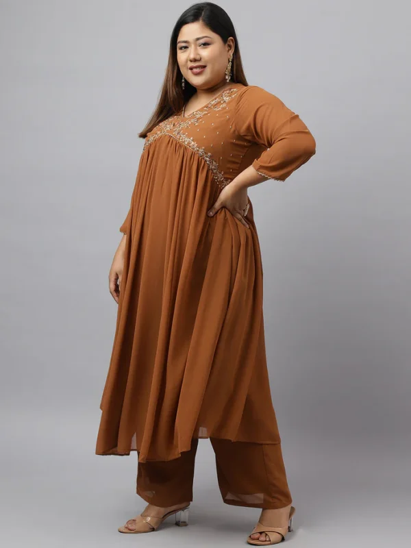 Brown Georgette Yoke Embroidery Kurta with Palazzo and Dupatta Janasya 7699