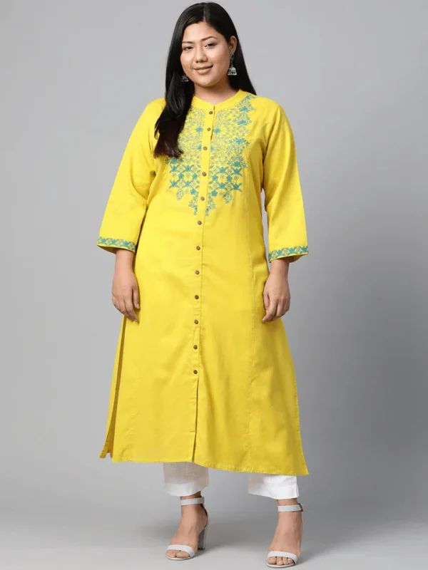 Plus Size Women's Yellow Regular A-Line Calf Long Kurta - Image 2