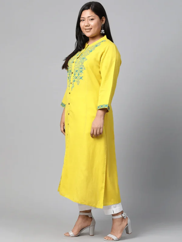 Plus Size Women's Yellow Regular A-Line Calf Long Kurta - Image 3