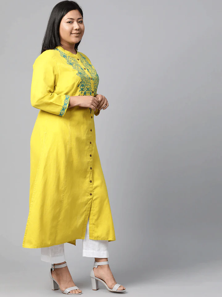 DBK0235.4_7cdceeaa-043d-4e61-bbfb-b4b3bdc92ee6_720x Plus Size Women's Yellow Regular A-Line Calf Long Kurta - Image 1