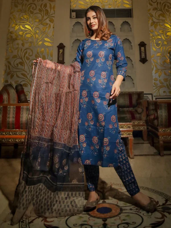 Divena Navy Blue Printed Cotton Kurta Set With Dupatta - Image 2