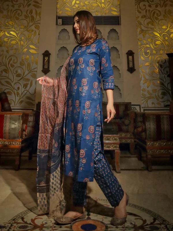 Divena Navy Blue Printed Cotton Kurta Set With Dupatta - Image 3