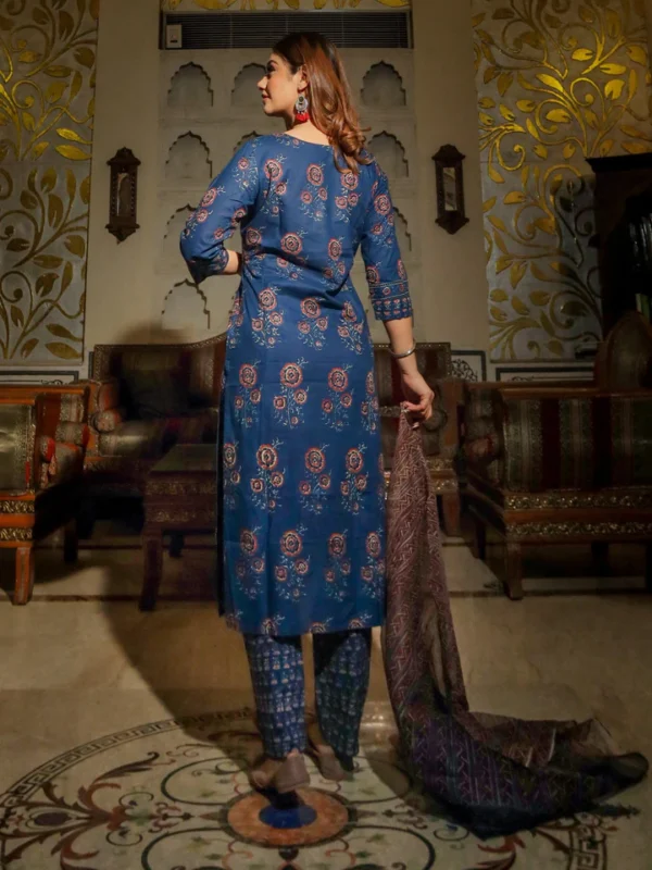 Divena Navy Blue Printed Cotton Kurta Set With Dupatta - Image 6