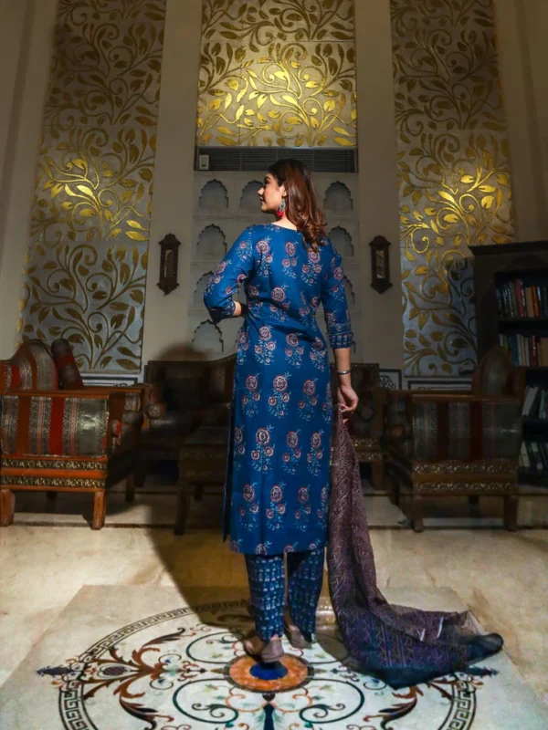 Divena Navy Blue Printed Cotton Kurta Set With Dupatta - Image 4