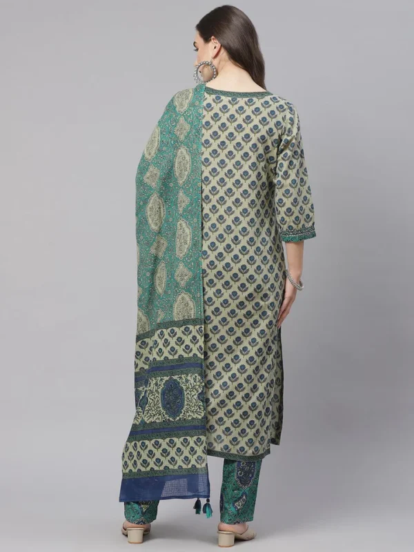 Divena Green Cotton Straight Kurta Pant Set With Dupatta - Image 4