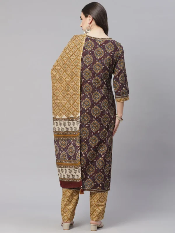 Divena Brown Cotton Straight Kurta Pant Set With Dupatta - Image 3